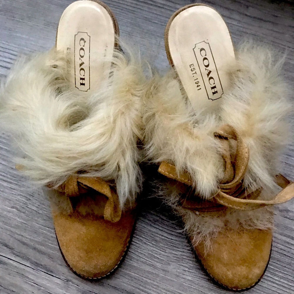 COACH Mules, size 6 B, camel color suede with cream colored fur.